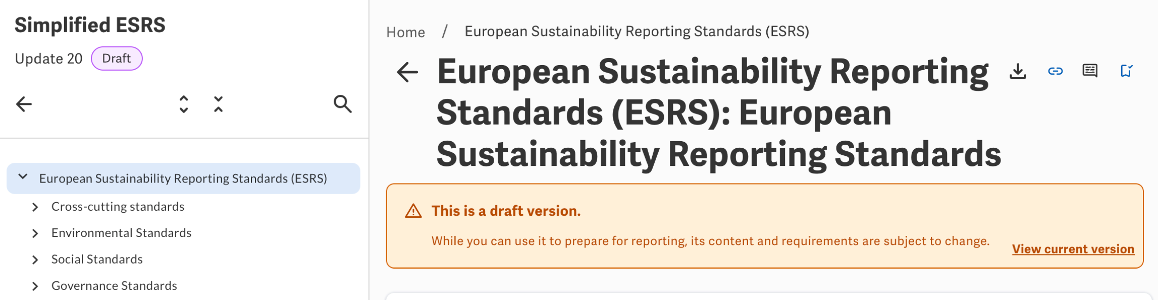 Screenshot: Draft simplified ESRS in Sustainability Explorer