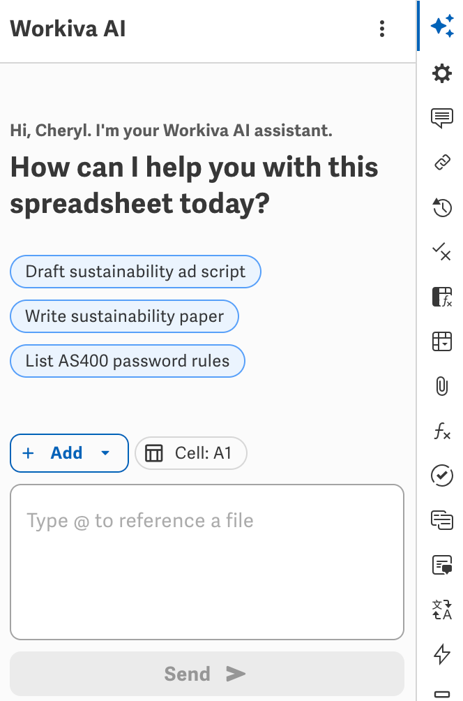 Workiva AI spreadsheets companion panel
