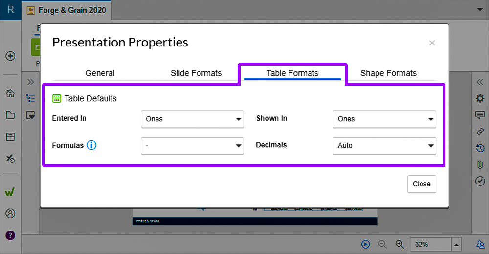 Table Formats tab in Presentation Properties