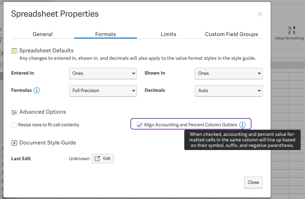 Select align accounting and percent column gutter option