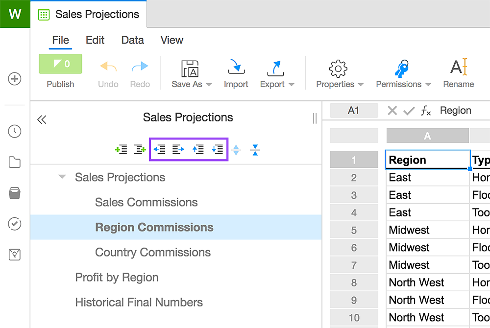 Reorder, promote, and demote sheets in the document outline.