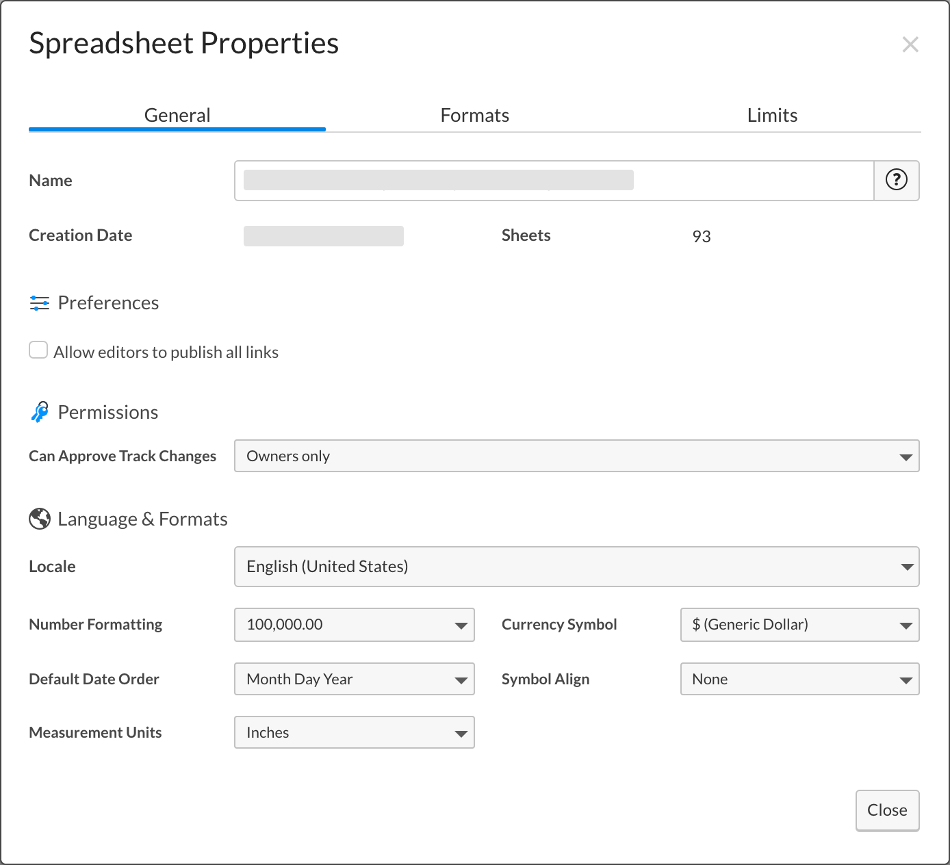 General tab in Spreadsheet Properties.
