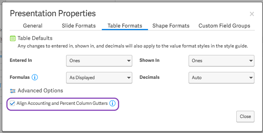 Screenshot with callout for Align Accounting and Percent Column Gutters control for Tables in Presentations