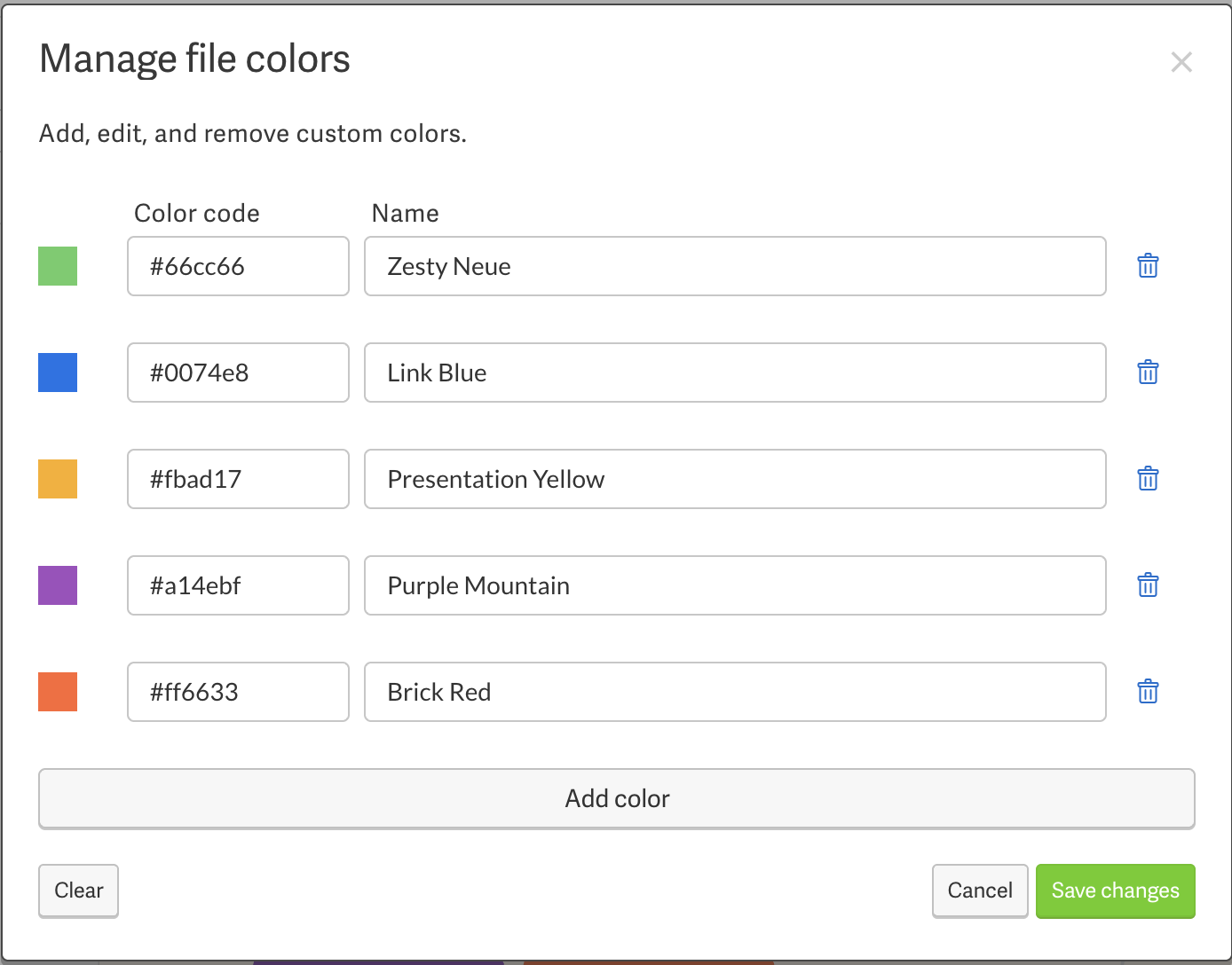 Screenshot of File Colors setting panel