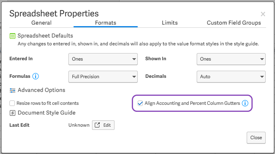 Screenshot with callout for Align Accounting and Percent Column Gutters control for Spreadsheets