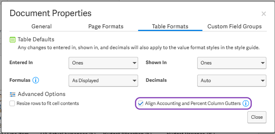Screenshot with callout for Align Accounting and Percent Column Gutters control for Tables in Documents