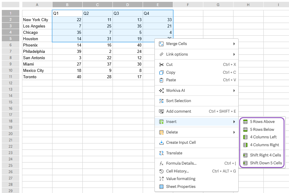 Screenshot: Multi-row and column insert options in spreadsheet.