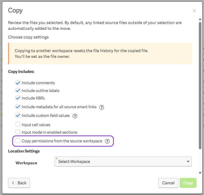 Screenshot with option to maintain permissions for cross-workspace copy highlighted
