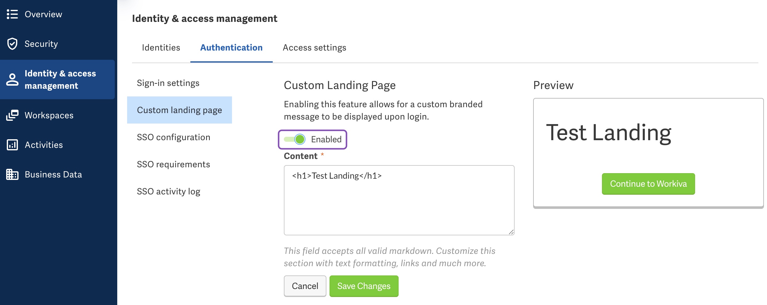 Enable custom landing page