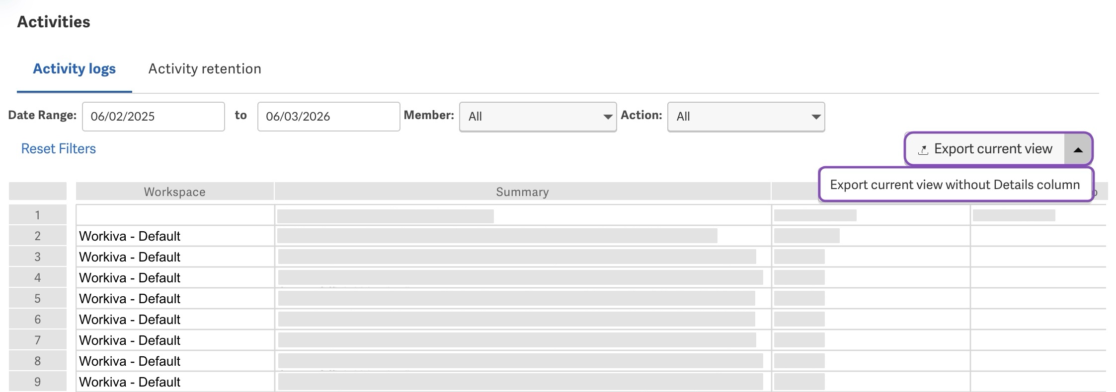 Export activity logs
