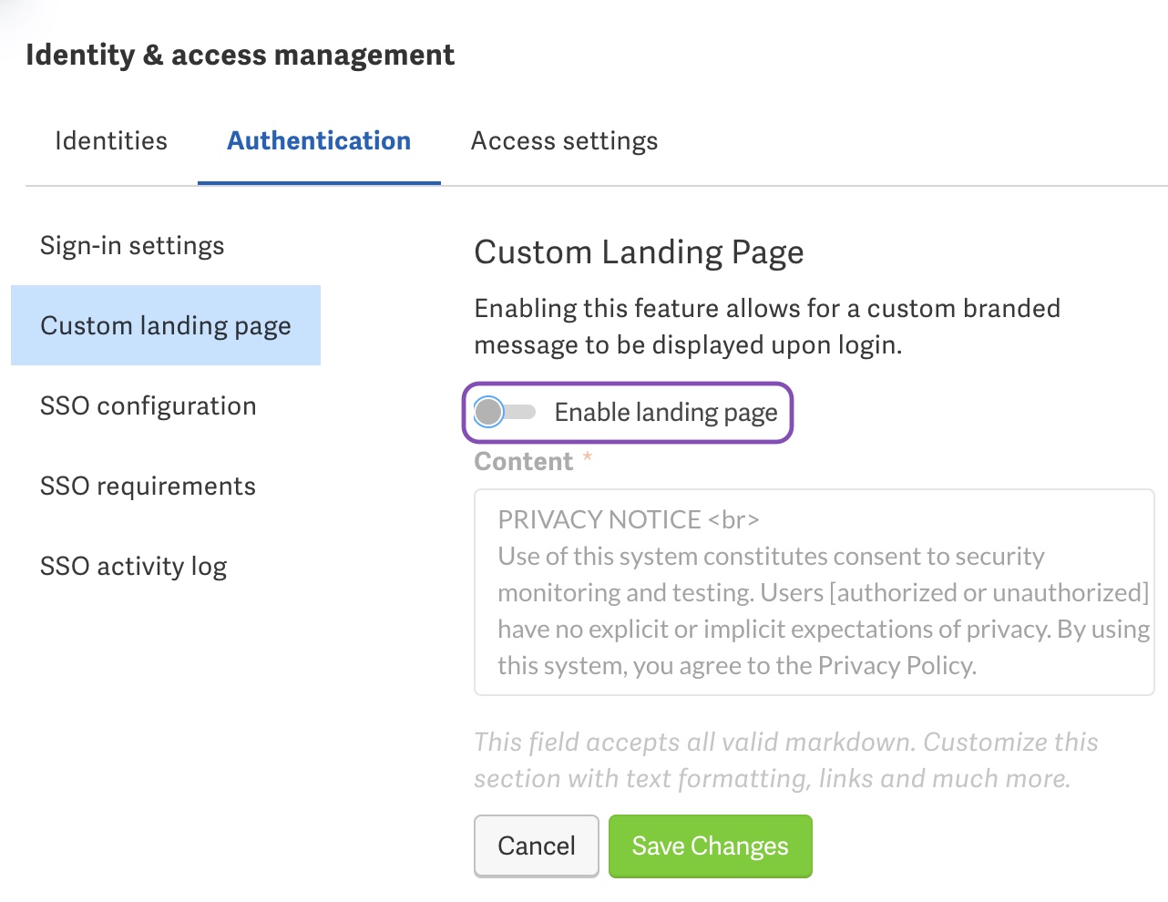 enable off landing page