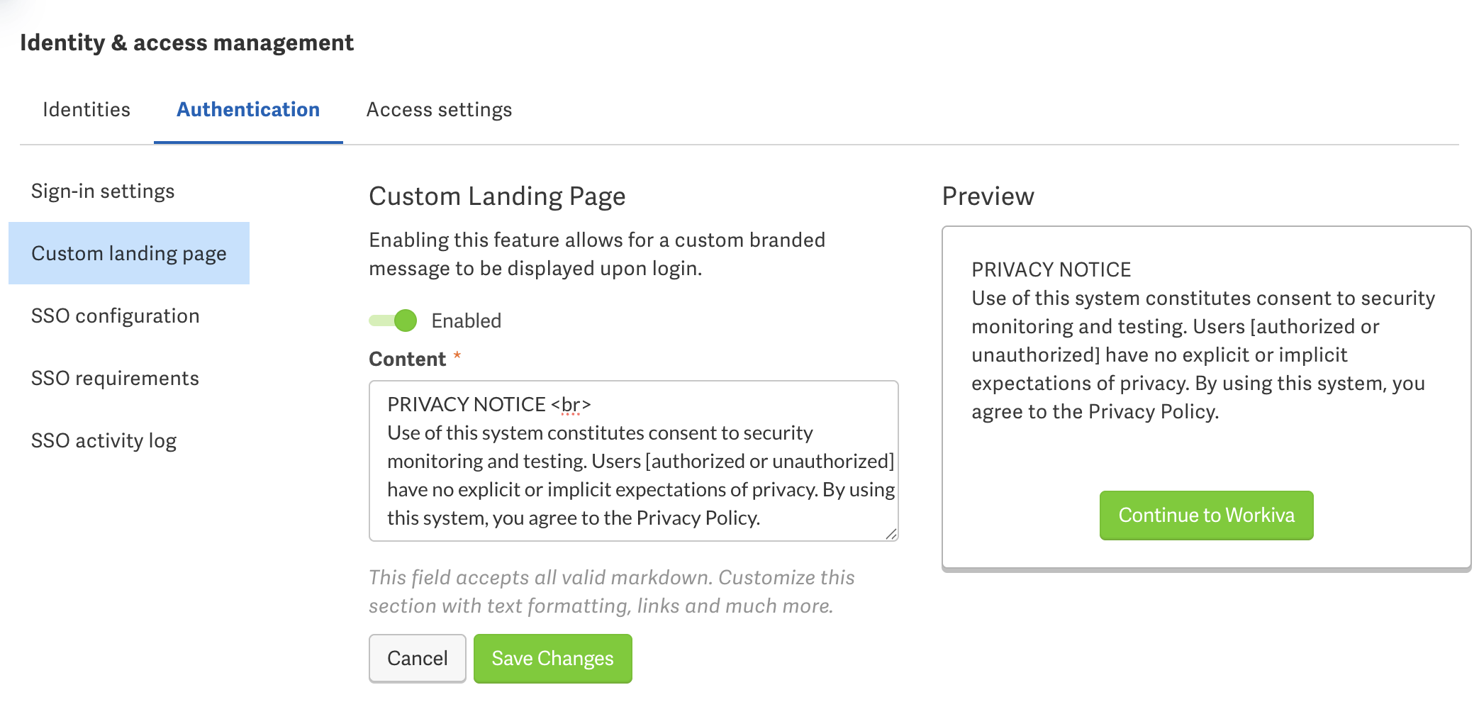Content for landing page