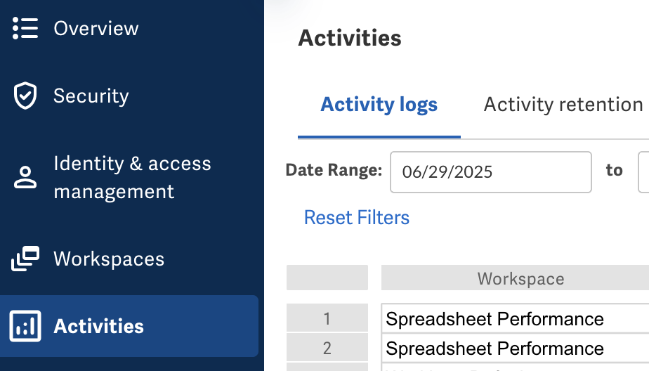 Activities log page