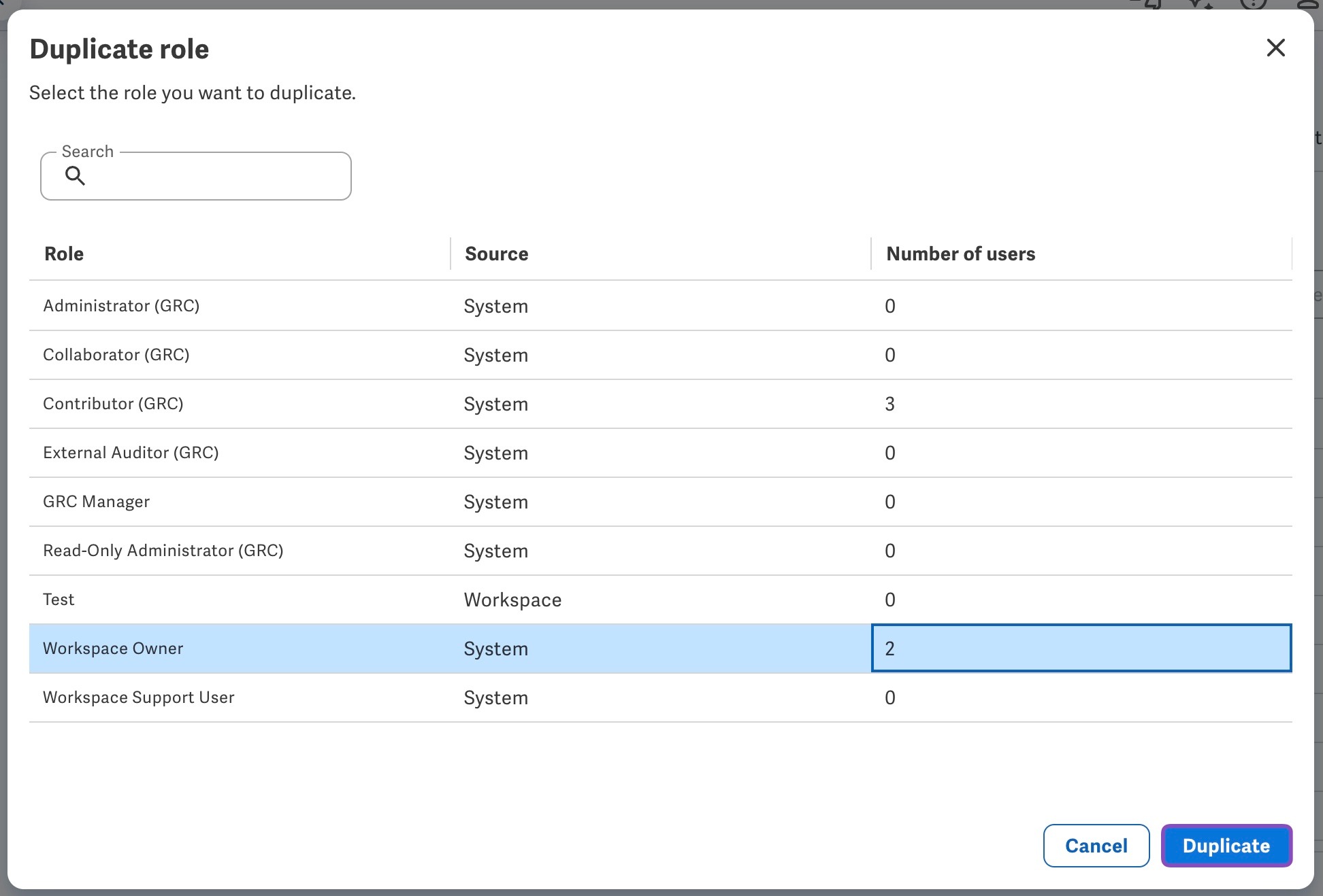 Select a role to duplicate