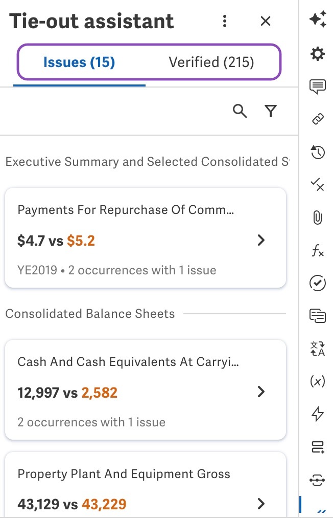 Tie-out assistant results