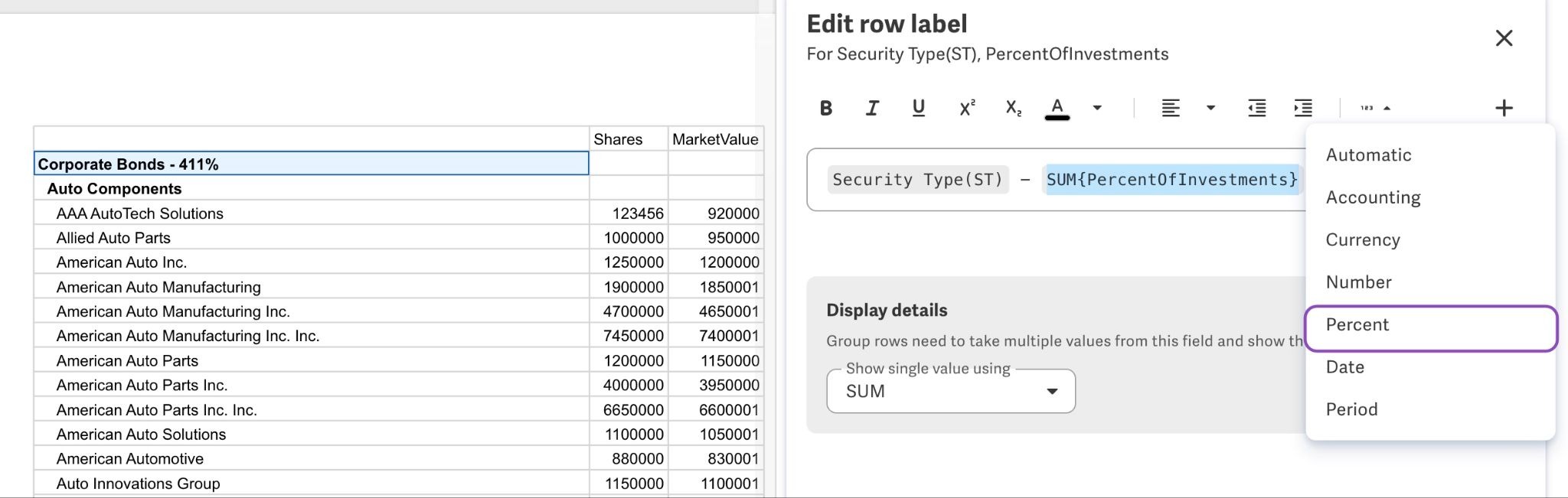Value format style dropdown