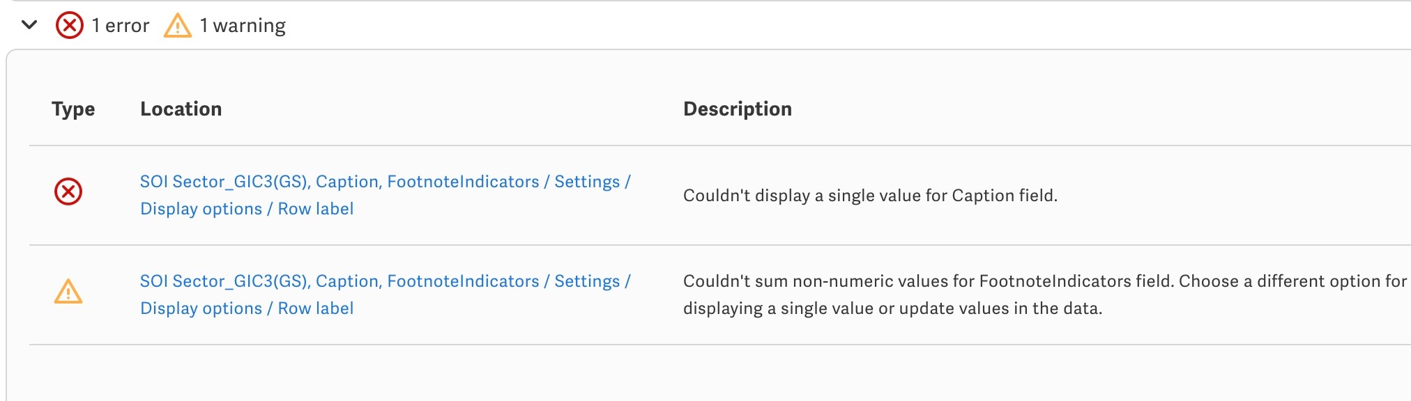 Error and warning example in Issues console
