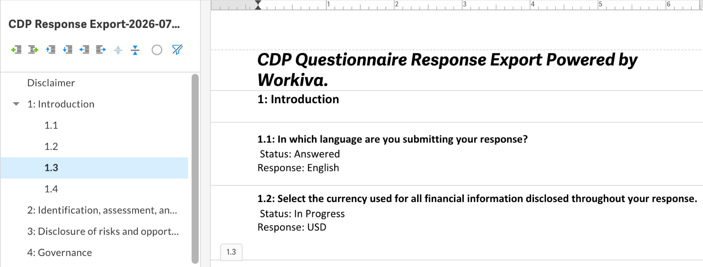 Screenshot of 'Export CDP Questionnaire responses to Document'.