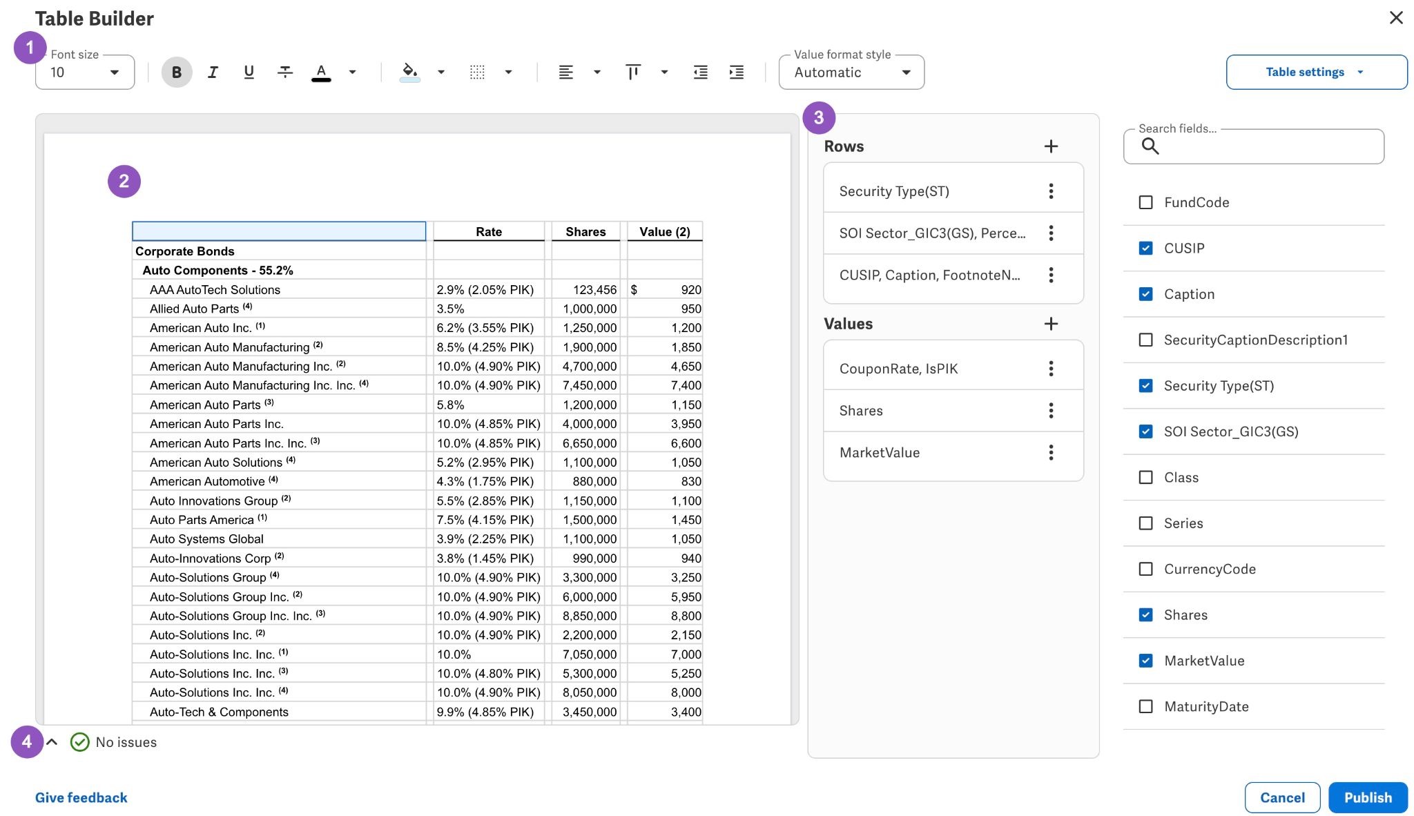 Automated table builder layout key