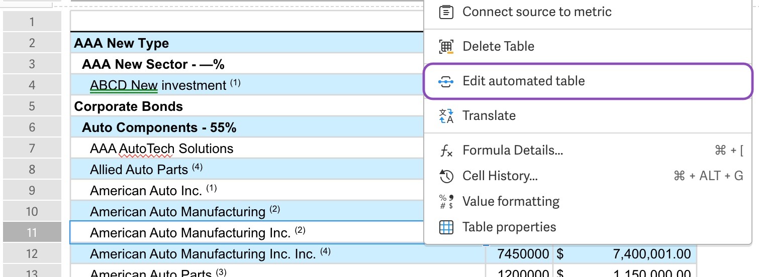 Right-click and select Edit automated table to edit automated table