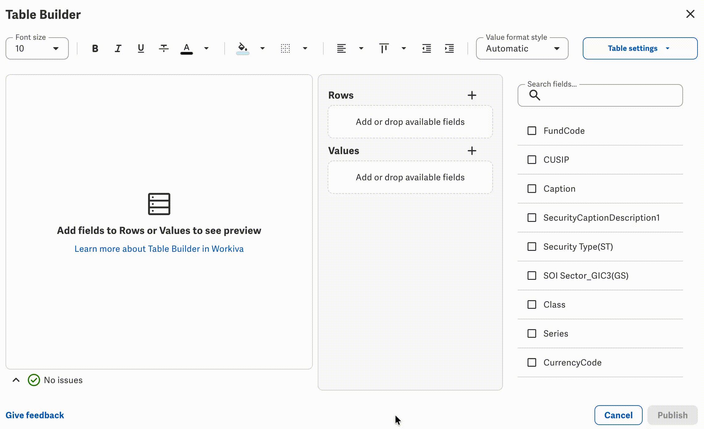 Adding fields to rows and values sections