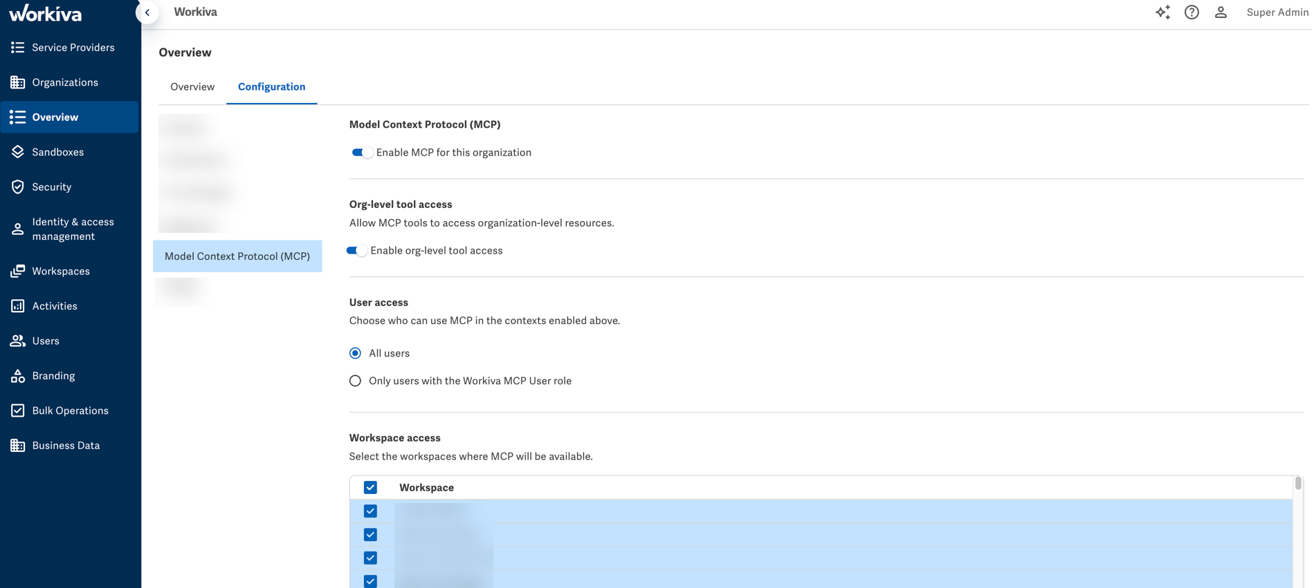 Connected AI agents console showing workspace access controls