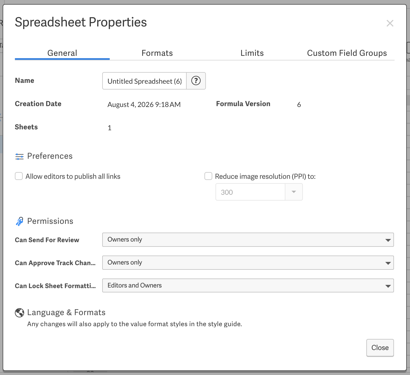 General spreadsheet properties