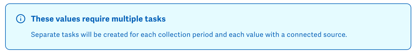 Screenshot of 'Multiple collection periods are selected; this will require multiple tasks to be created' information popup.