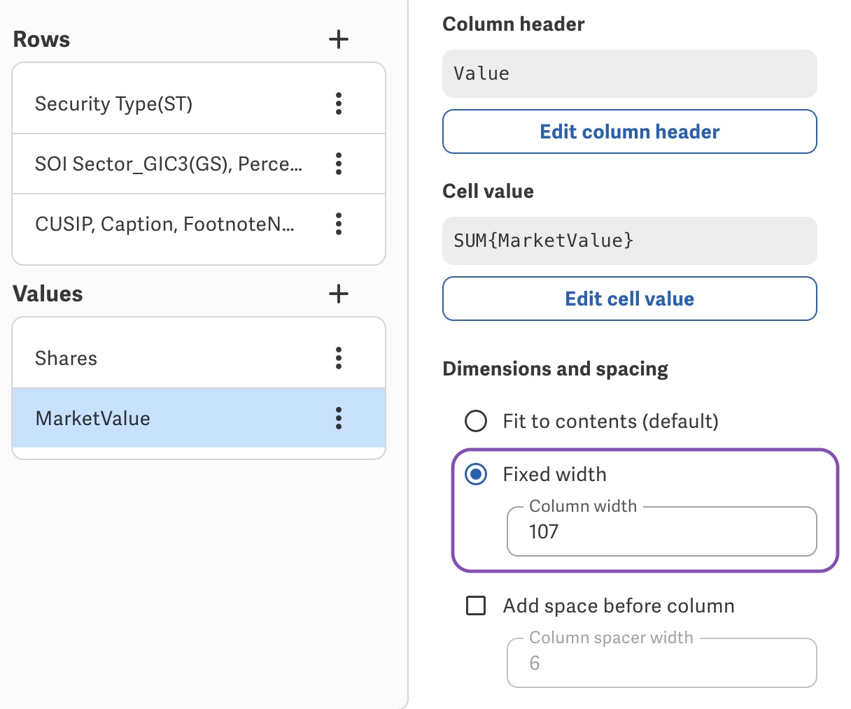 Fixed width option