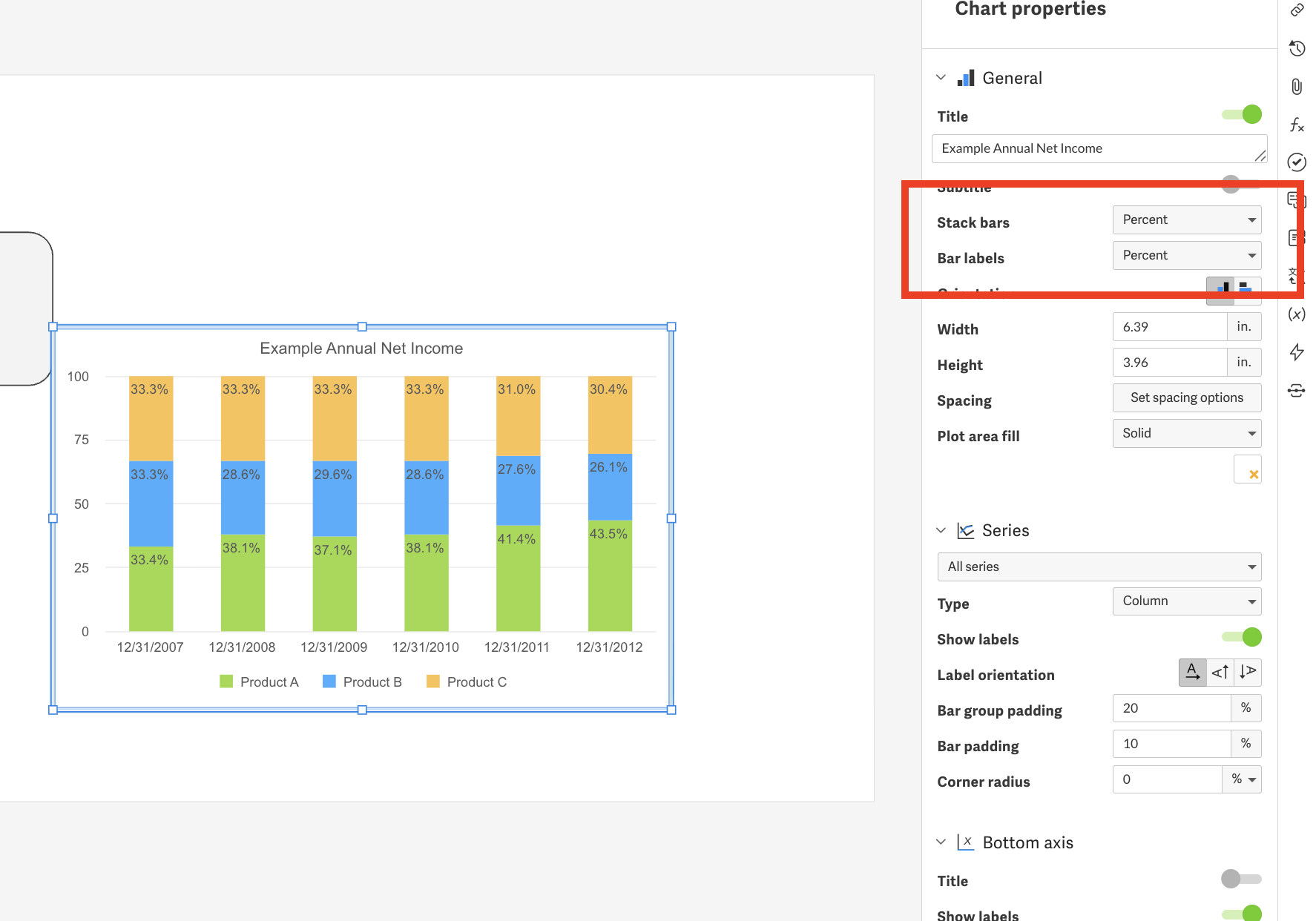 Screenshot showing the right-hand selection for stacked charts.