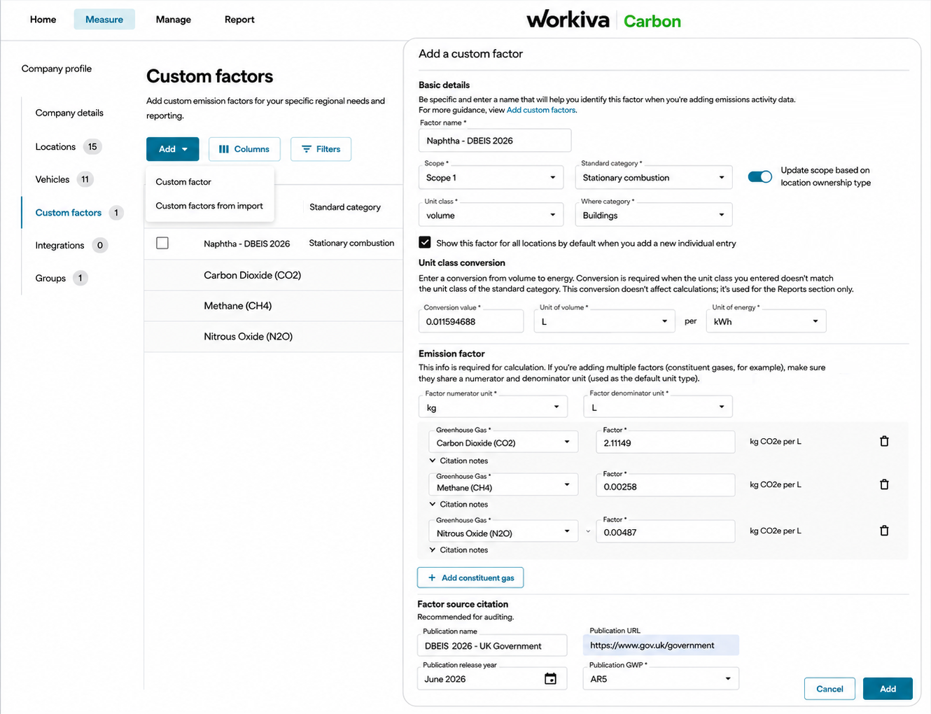 Screenshot showing the panel for importing custom emission factors for your region and reporting methodology