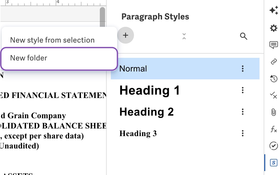 Create new folder in paragraph styles panel