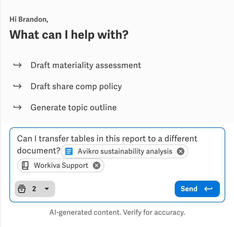 Workiva AI chat panel with suggested prompts