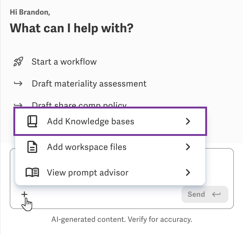 Knowledge base selector in the Workiva AI chat panel
