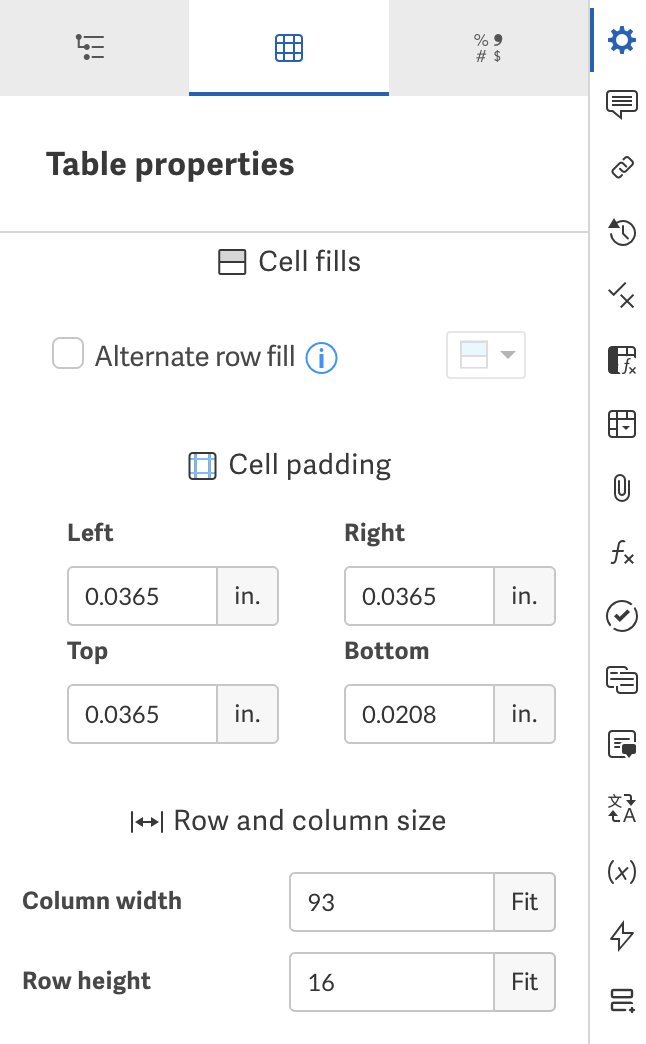Cell padding in right hand panel