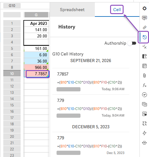 Cell history showing display precision