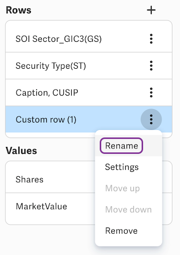 From the custom row's menu, select Rename.