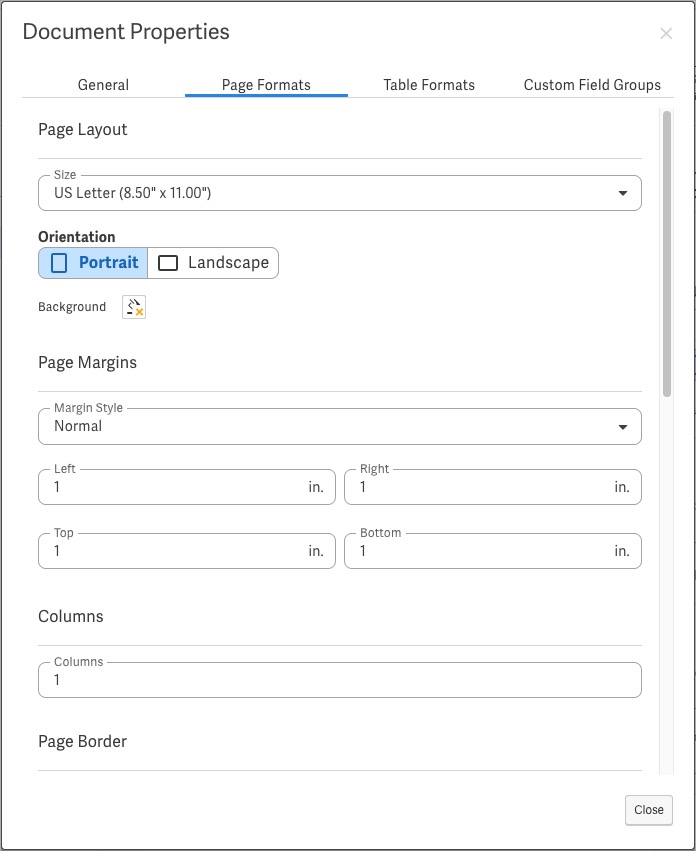 The Page Formats tab is within the Document Properties settings'