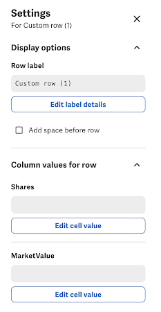 Enter labels and values for the custom row in the Settings panel