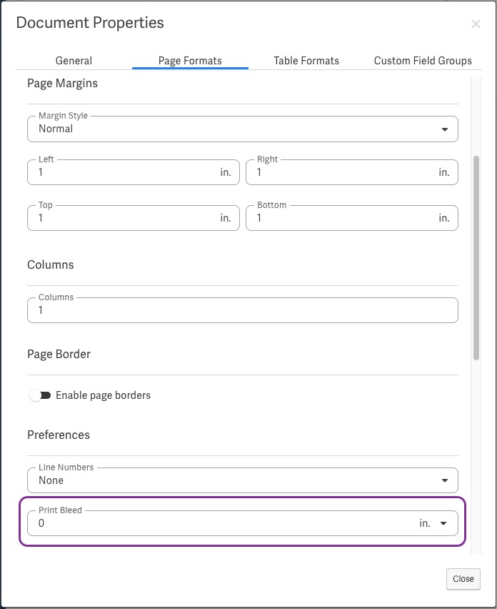 Adjust the print bleed under the Page Formats tab in Document Properties