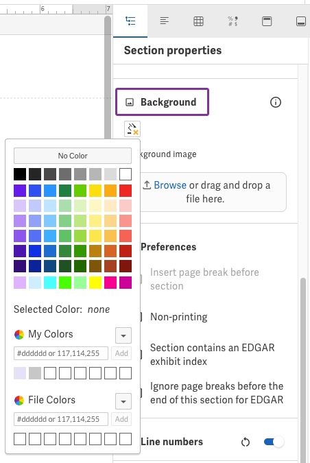 Select a color from the background color palette in Section properties