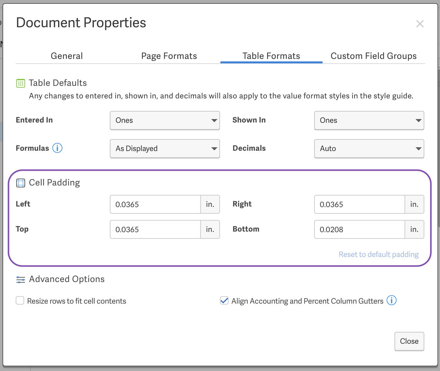 Cell padding in Document properties