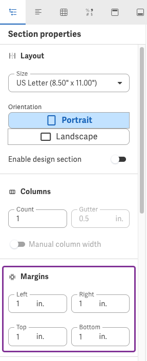 Check and adjust margin settings in the Section properties panel