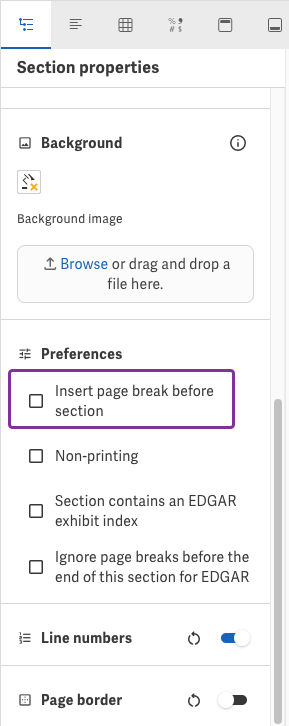 Review the page break settings in the Section properties panel