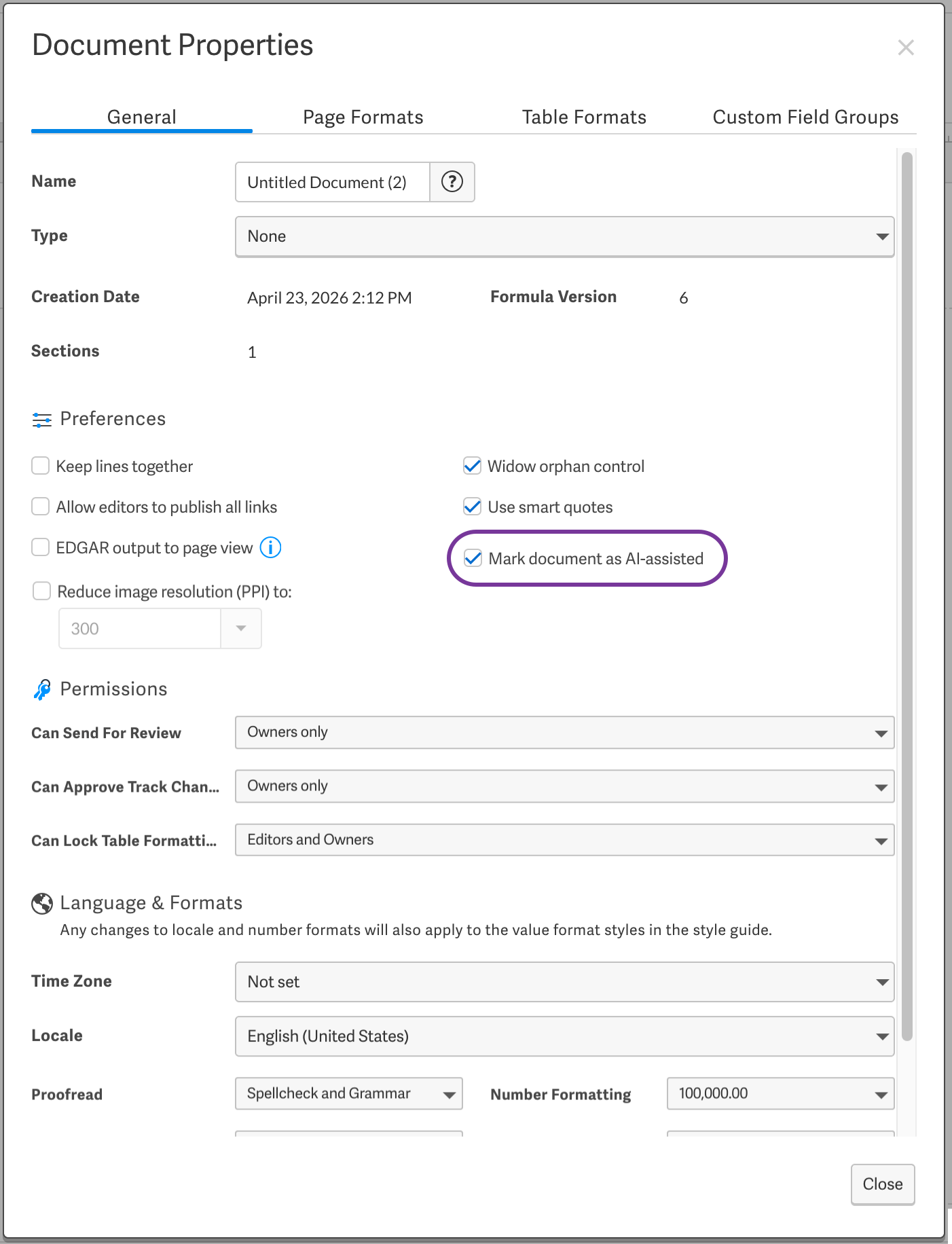 Document properties with Mark document as AI-assisted selected under Preferences