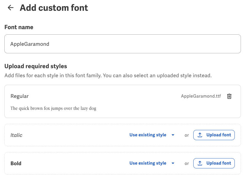 Add custom font panel with the Upload font option for the Regular style