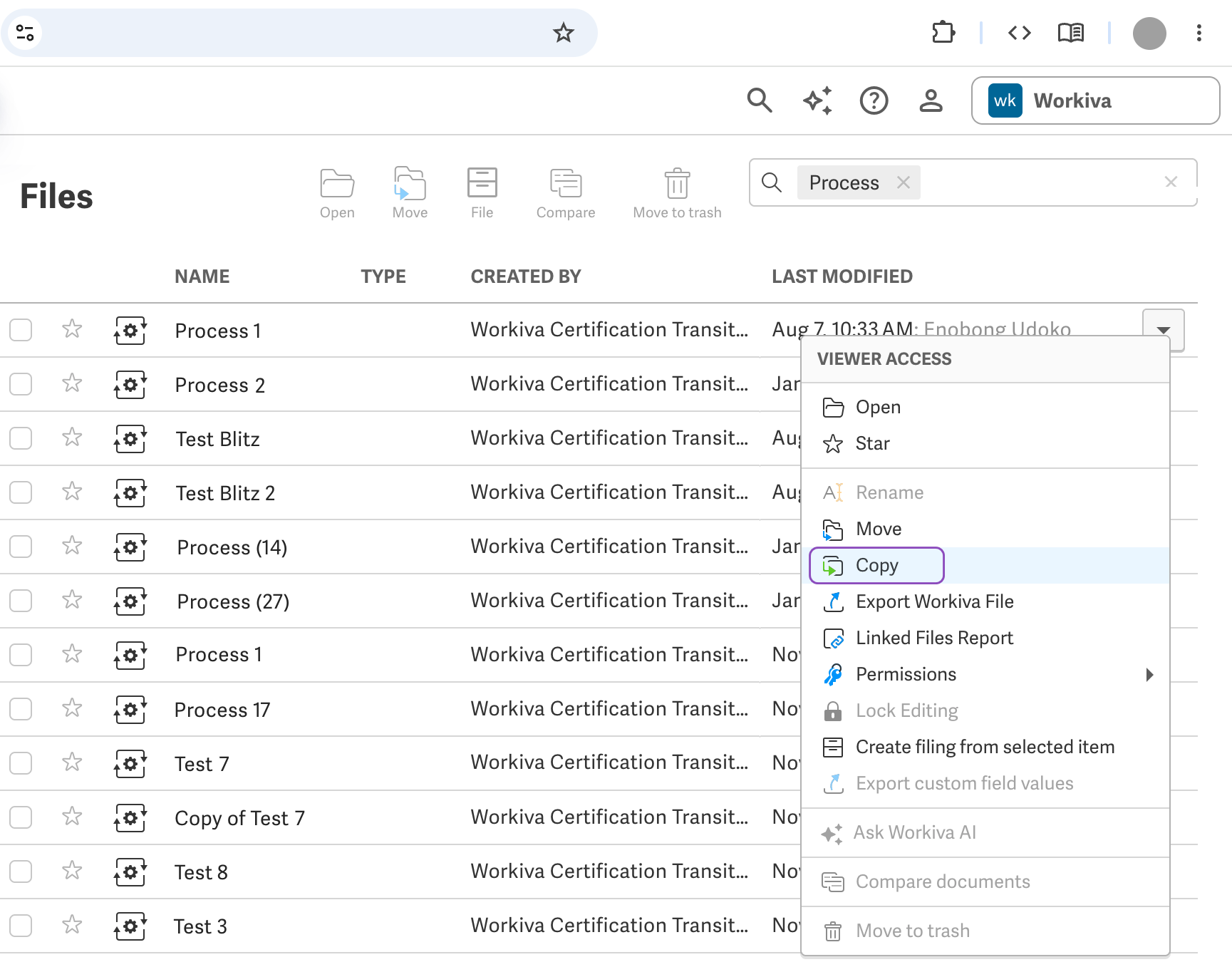 Screenshot showing Filesystem Copy Enabled for Workspace Owners with callout to Copy command in context menu.