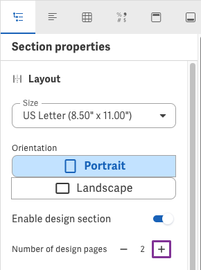 Enable design sections and add design pages in Section properties panel