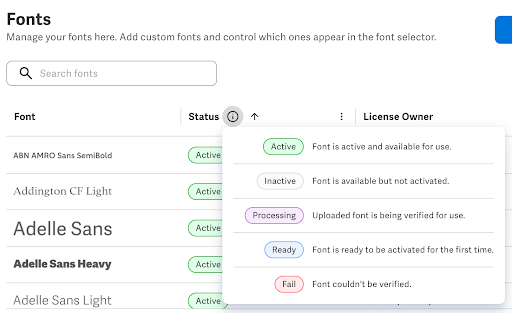 Status column info popover listing definitions for Active, Inactive, Processing, Ready, and Fail
