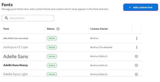Fonts page with the Add custom font button highlighted in the top right